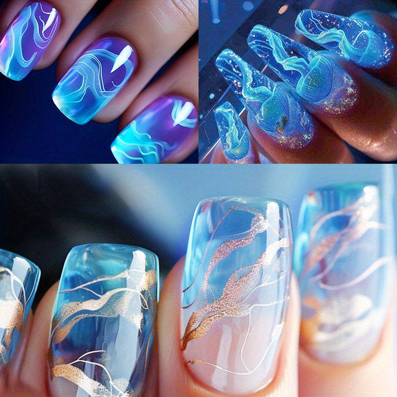 72PCS (3 PACK) fake nail patch, Jellyfish Nail Wear Nail Patch, Europe and the United States wear Nail Under the Sea World Nail Patch and simple cool ice translucent blue halo gradient nail patch line Pure to wear nail